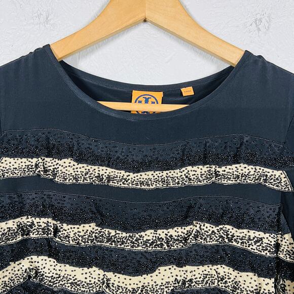 Tory Burch Beaded Silk Dress Tiered Sheath Black Tan Short Sleeve Heavy - 6 - Picture 6 of 11